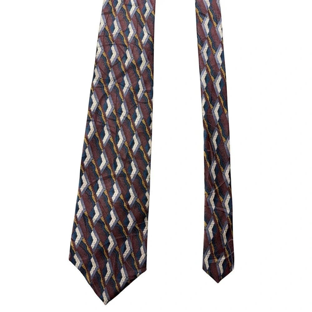 Milano Uomo Mens Silk Tie‎ Geometric Diamond Burgundy Blue Gold Made in USA